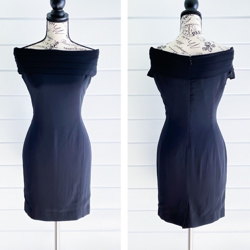 Tahari Black Sheath Dress With Silk Drape Size 6